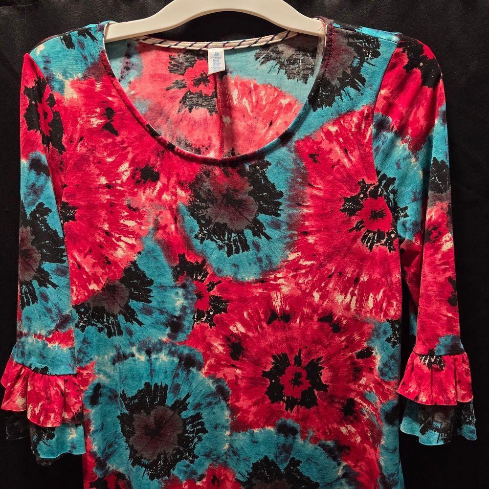 Paisley Grace Bohemian Ruffle Dress 3/4 Sleeve Floral Print Flowy Teal Pink SZ M